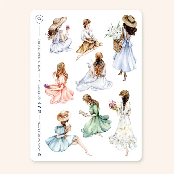 Dekorativne naljepnice na A6 formatu papira s motivima djevojaka u ljetnim haljinama.
