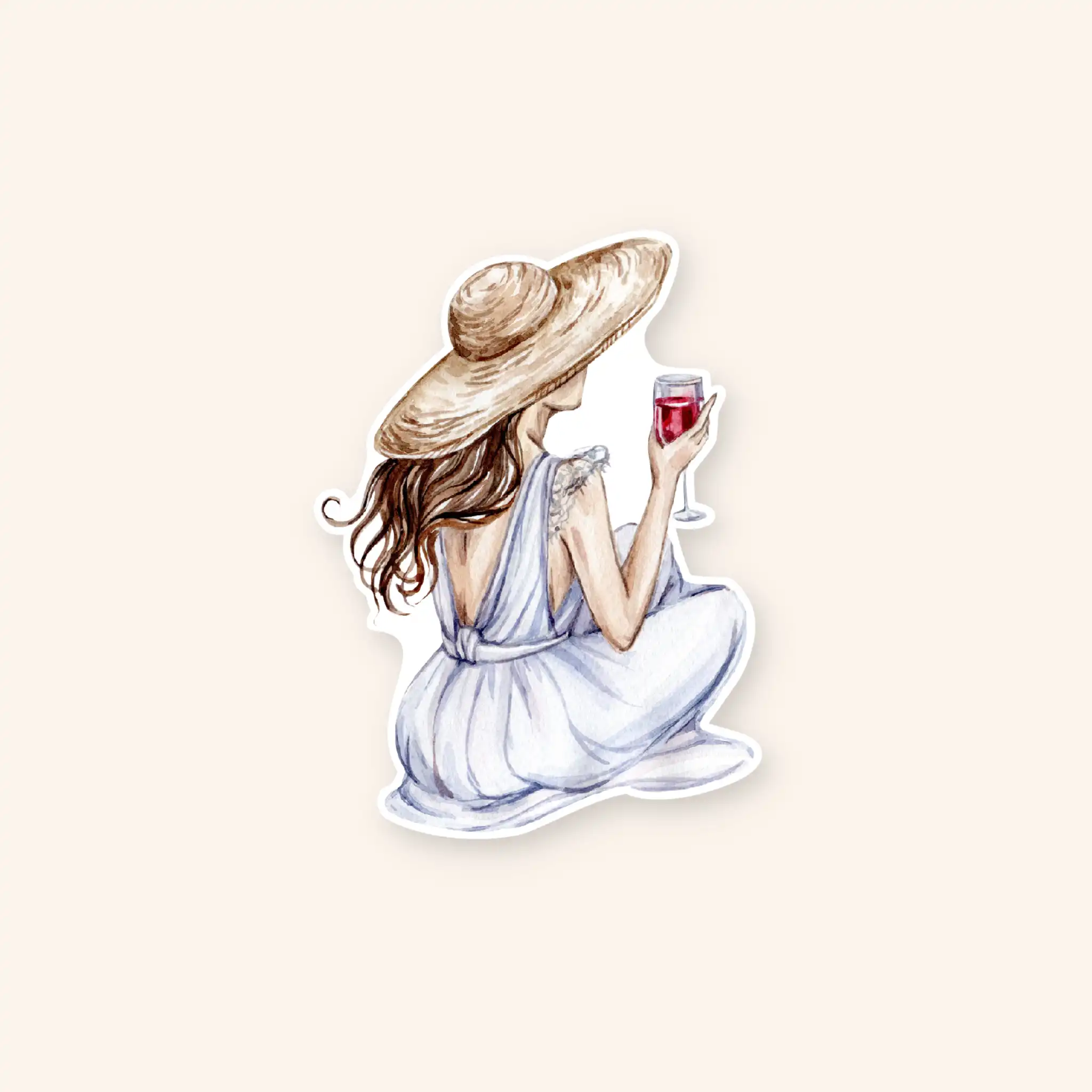 Naljepnica sa motivom djevokje koja sjedi i pije vino.