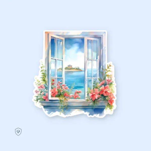 Dekorativna naljepnica sa motivom prozora koji gleda na more.