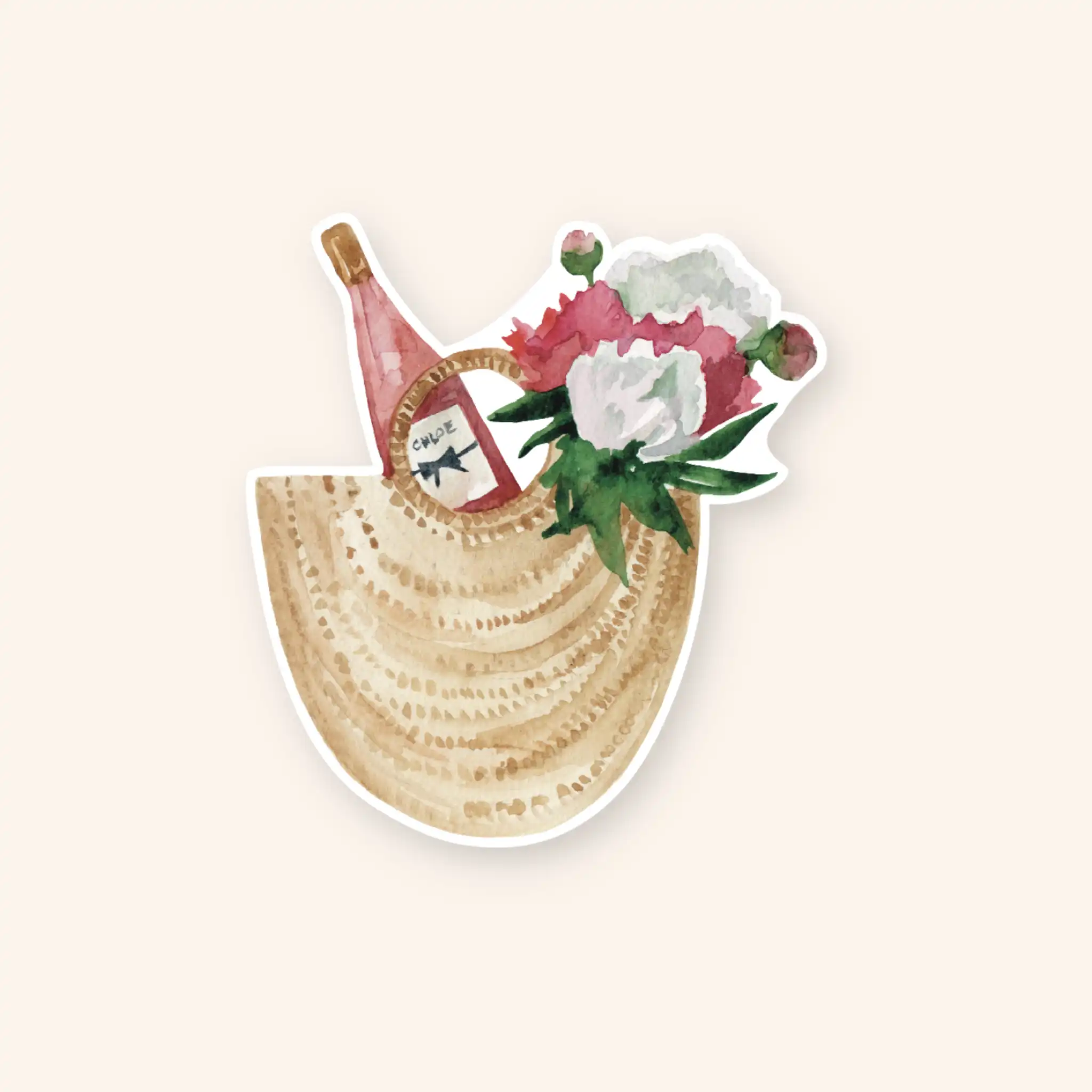 Naljepnica sa motivom cekera za plažu iz kojeg vire cvijeće i boca vina