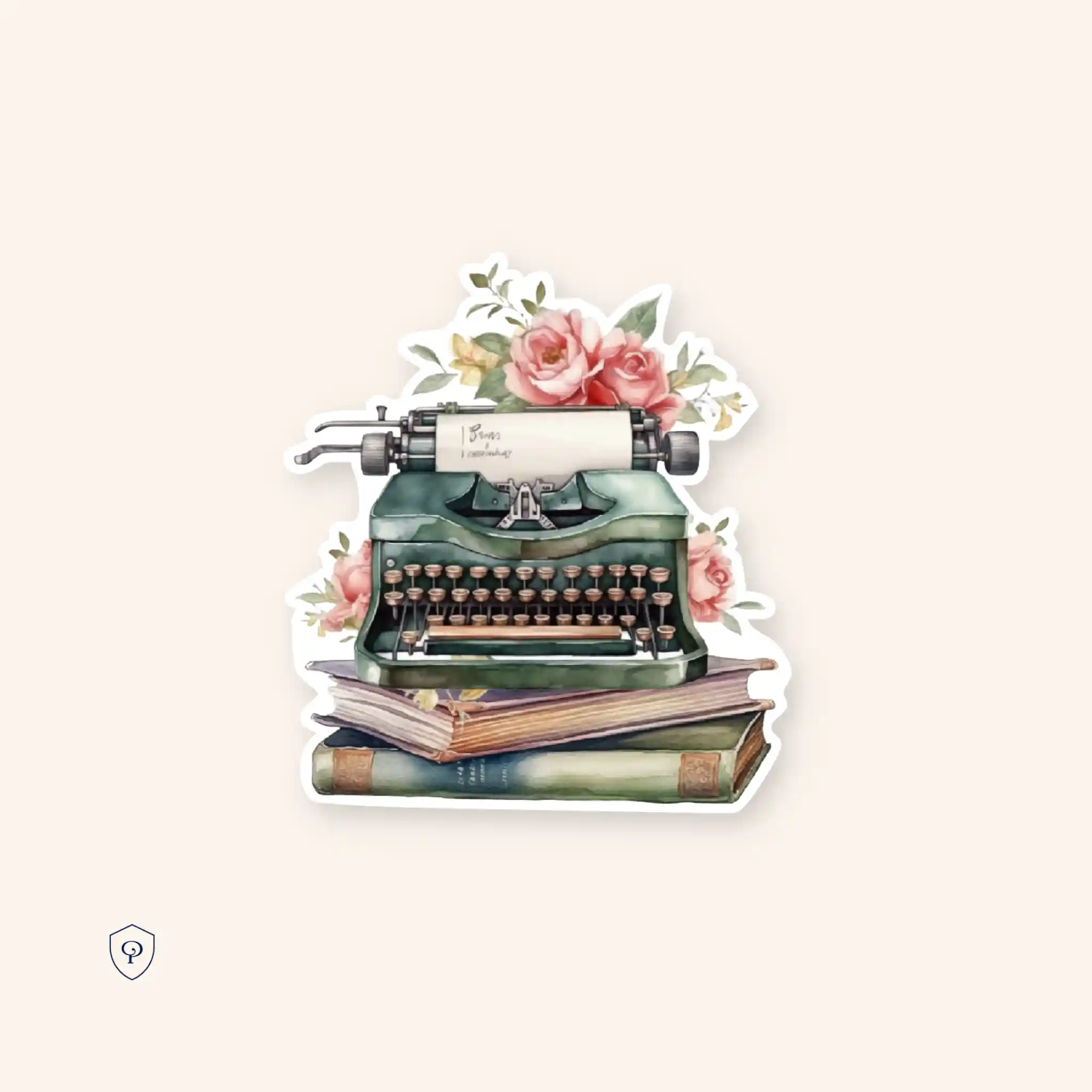 Naljepnica sa pisaćim strojem na grupi knjiga sa pozadinom od cvijeća
