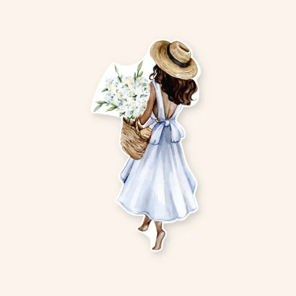 Naljepnica s motivom djevojke u ljetnoj haljini koja hoda i nosi buket cvijeća